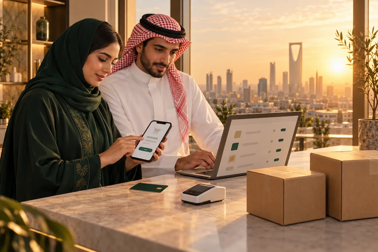 A Saudi store team placing test orders on smartphones and a laptop before launching their new online store