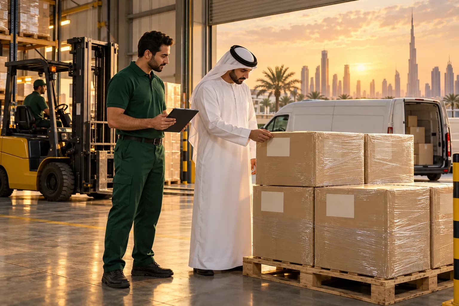 A 3PL supervisor with a tablet and a customs inspector checking a pallet of cartons at the release bay of a Dubai free-zone warehouse, with a forklift and a white delivery van behind them