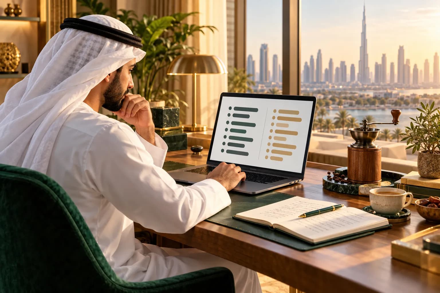 بائع إماراتي شاب في مكتب منزلي مشرق يقارن عمودين من كلمات البحث على حاسوب محمول، وبجانبه عيّنة مطحنة قهوة