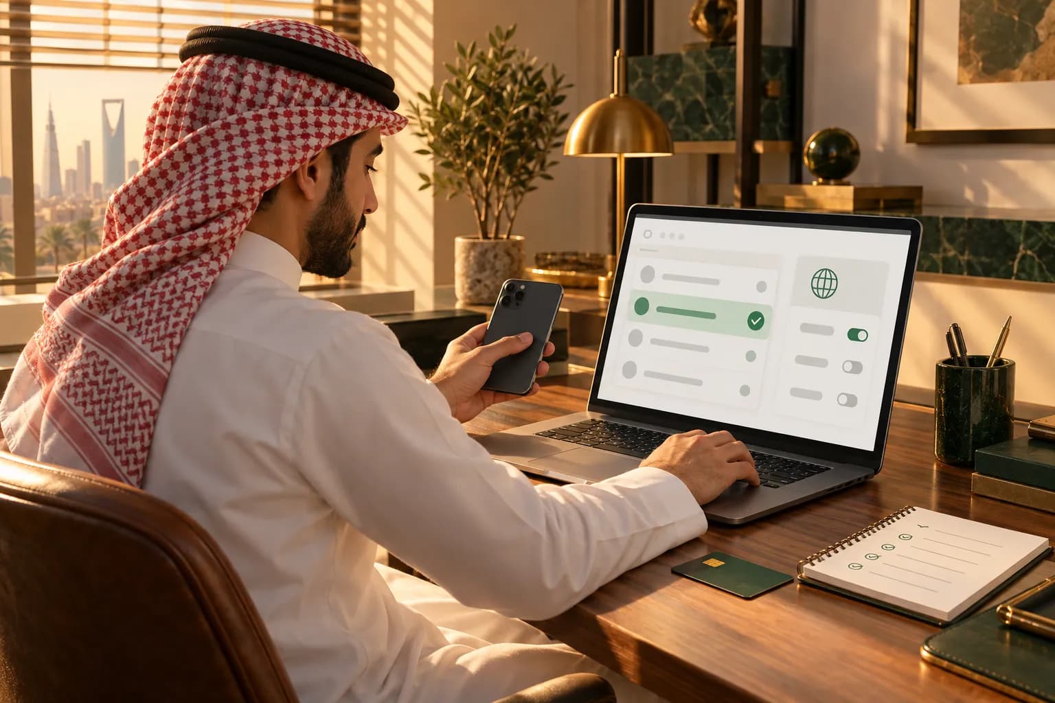 صاحب متجر سعودي في مكتبه بالرياض يدفع طلباً تجريبياً بالآيفون ويتابع الدفعة في لوحة تحكم على اللابتوب
