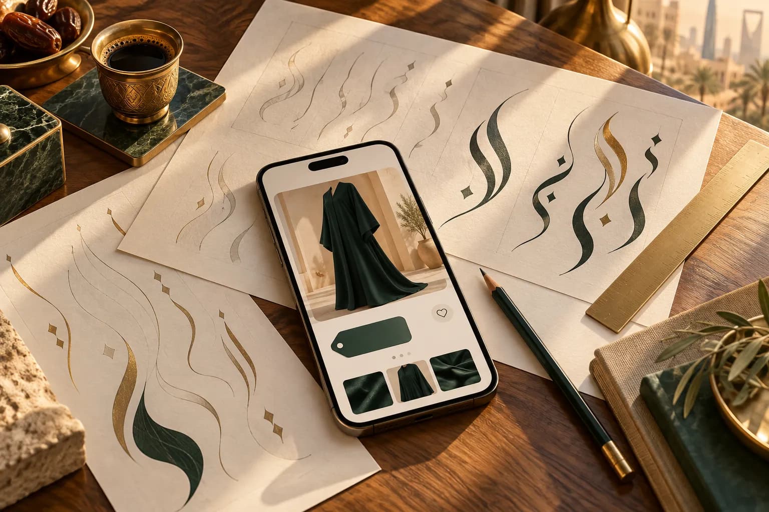 مكتب مصمم في الرياض عليه أوراق نماذج خطوط عربية بأساليب مختلفة وبجانبها جوال يعرض صفحة منتج عربية