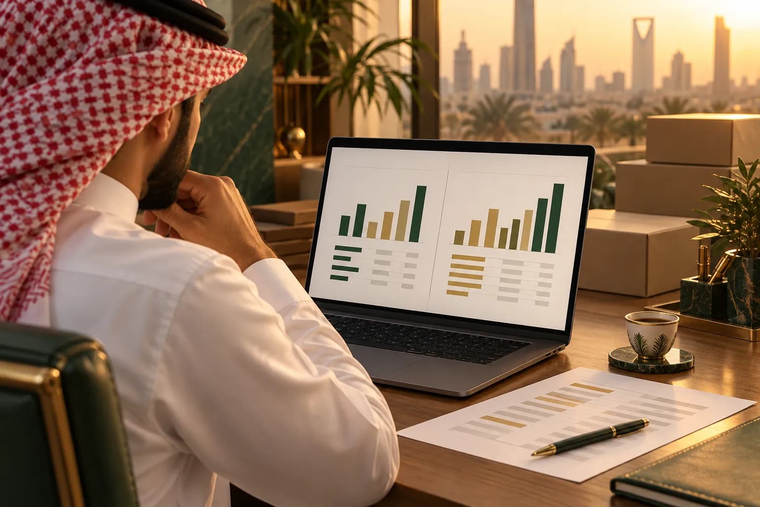 صاحب متجر سعودي يقارن كشوف رسوم التقسيط على حاسوبه في مكتب صغير بالرياض