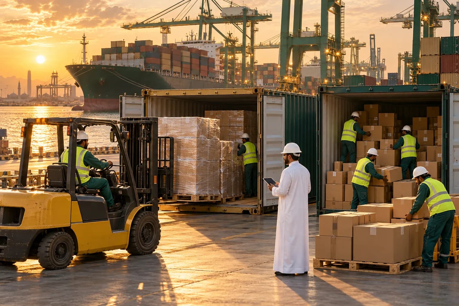 رافعة شوكية تحمّل طبليات من الكراتين داخل حاوية شحن في ميناء مزدحم، وبجانبها حاوية مشتركة تُعبأ بكراتين أصغر