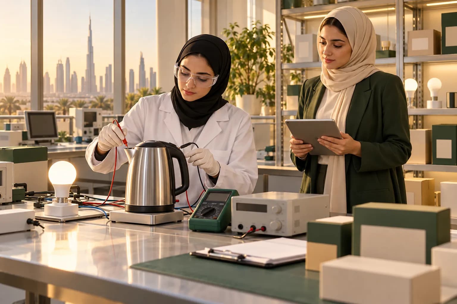 A lab technician in a bright Dubai testing laboratory checking an electric kettle and an LED lamp on a test bench while a seller reviews documents on a tablet
