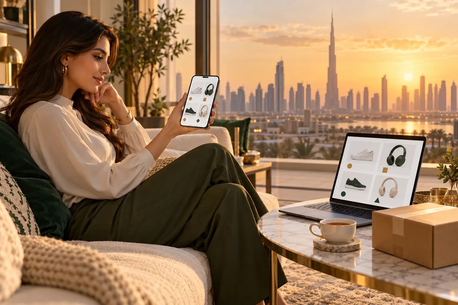 متسوقة في شقة بدبي تقارن قوائم منتجات بالصور والأسعار على هاتفها، مع شبكة المنتجات نفسها مفتوحة على حاسوب محمول
