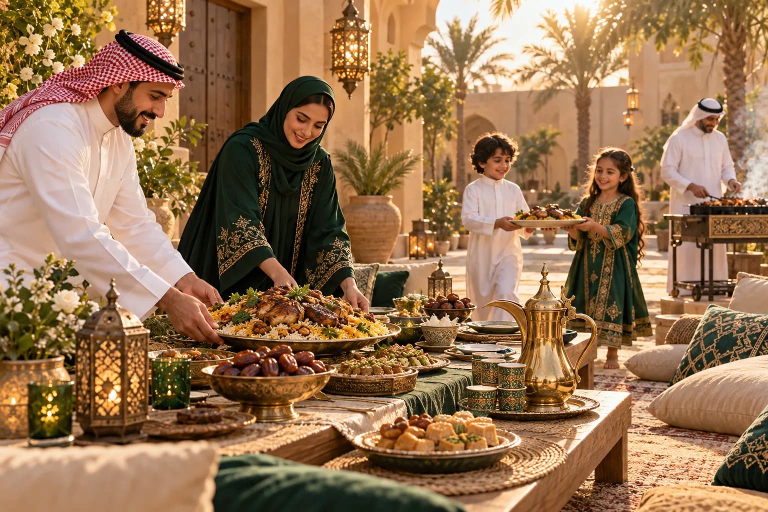 عائلة سعودية تجهّز مائدة طويلة لضيوف عيد الأضحى بصواني التقديم ودلة القهوة والتمر والمشويات في فناء مشمس