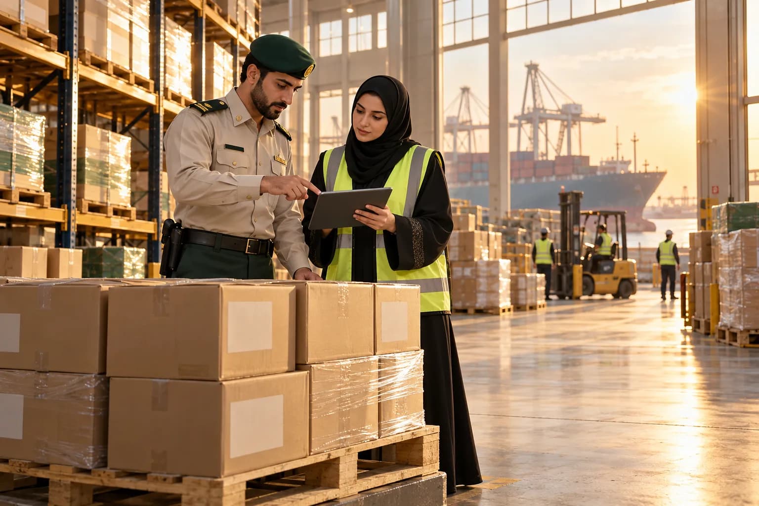 Customs officer and a logistics manager checking cartons and a tablet at a Gulf port warehouse