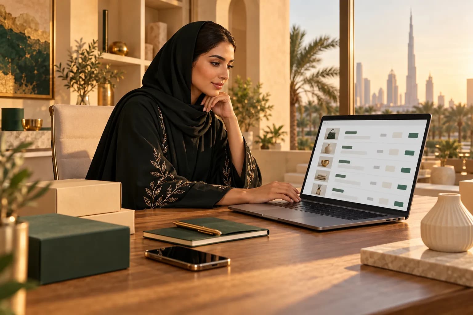صاحبة متجر إماراتية شابة على طاولة عمل في مكتب مشرق في دبي تراجع قائمة منتجات بالصور والأسعار على حاسوبها، وبجانبها هاتف وصناديق منتجات