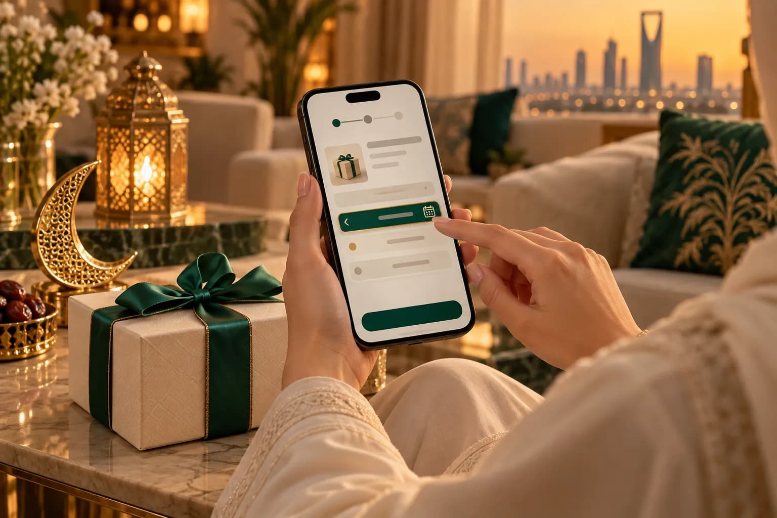A Saudi shopper checking a delivery date on an Arabic store checkout on her phone