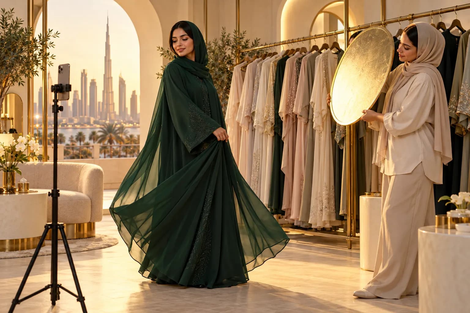 An Emirati woman creator in a modest abaya and sheila filming a vertical Reel of a modest-fashion outfit in a Dubai boutique, while an agency producer holds a reflector