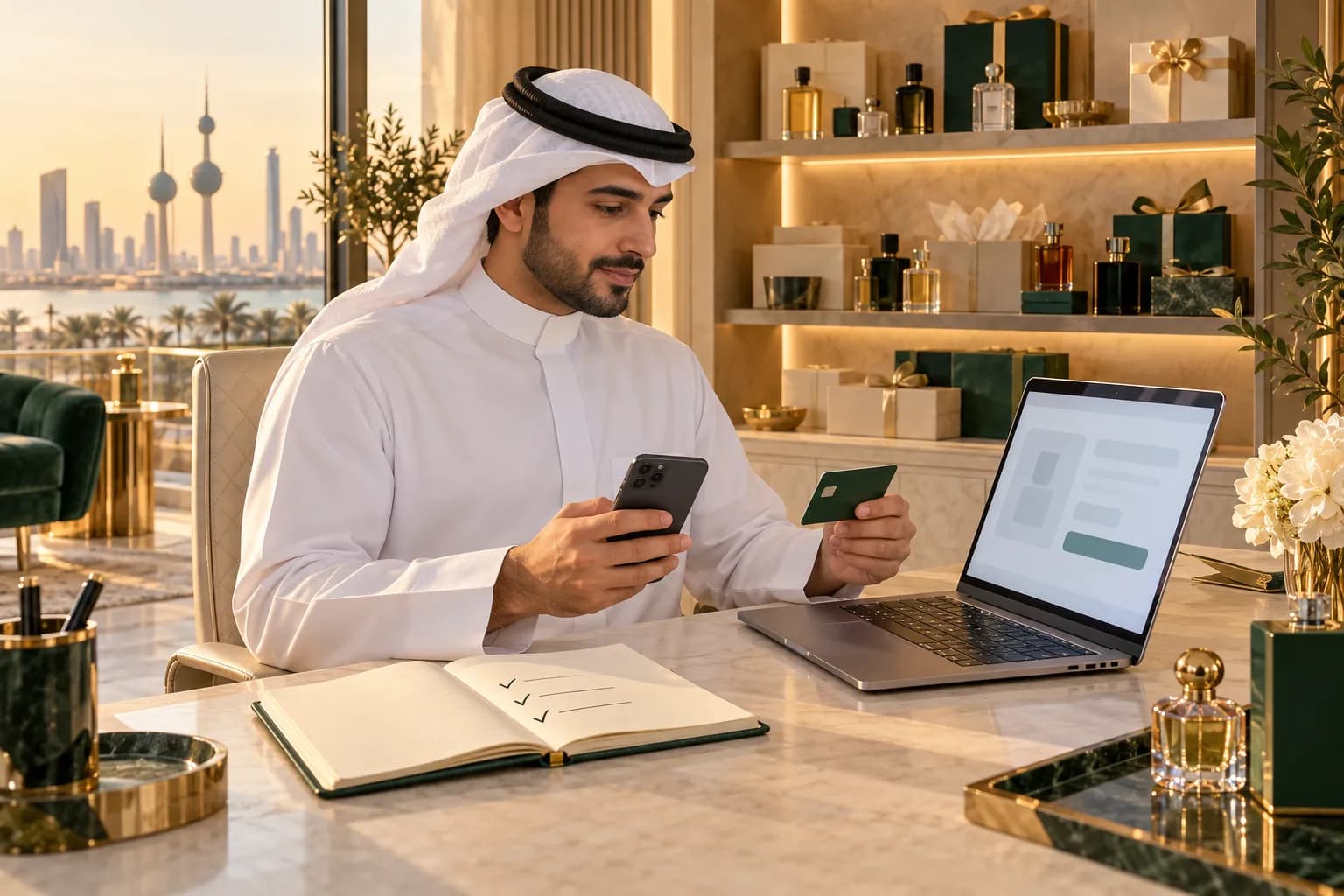 شاب كويتي صاحب متجر في مكتب صغير في مدينة الكويت يجرّب صفحة دفع أونلاين على حاسوب محمول وهاتف، وأمامه بطاقة خصم وعلب هدايا مغلّفة