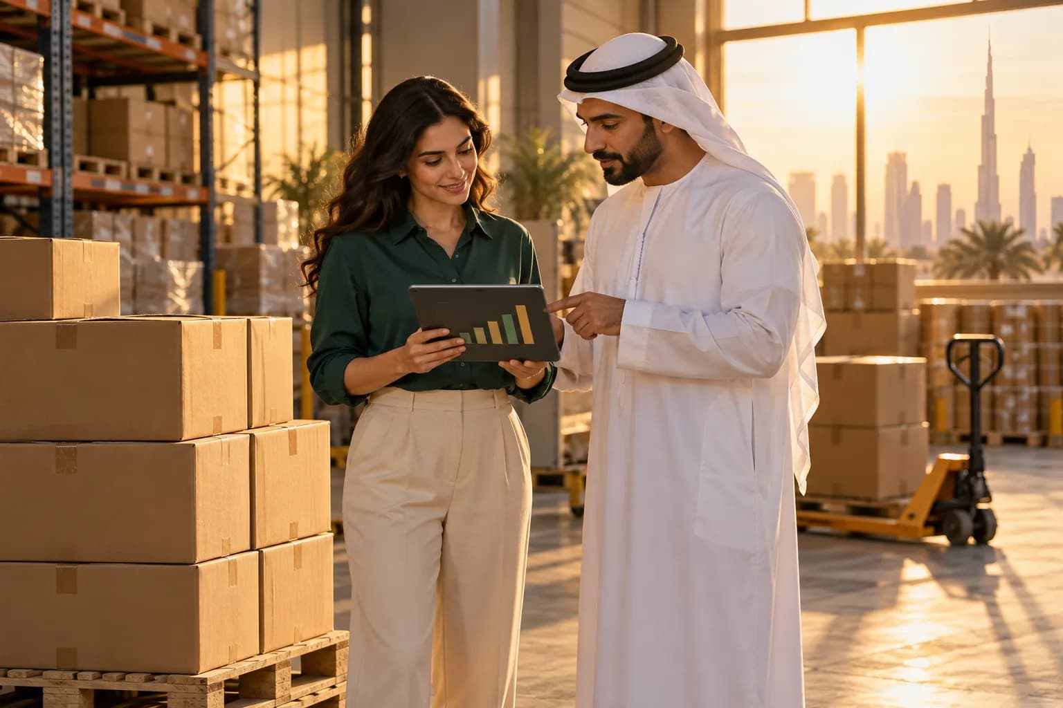 مسؤول حسابات من الوكالة وصاحب علامة في دبي يراجعان مستويات المخزون على جهاز لوحي بجانب كراتين جاهزة للشحن إلى مستودع تجهيز الطلبات