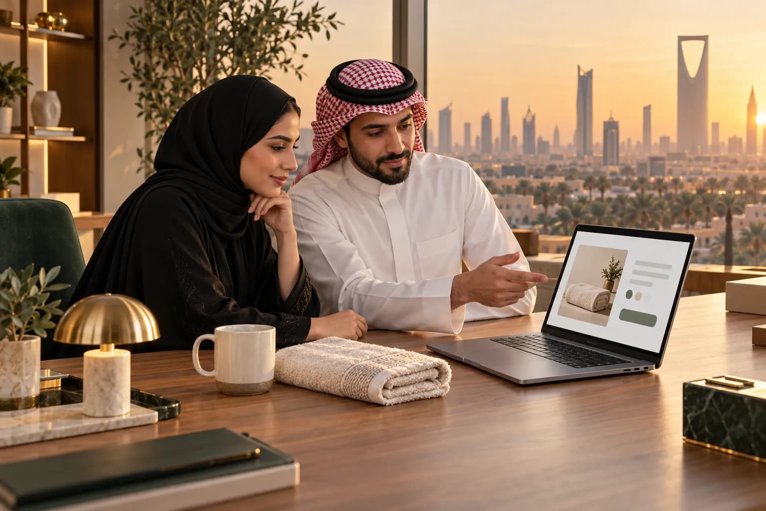 صاحبة علامة سعودية ومتخصص من الوكالة في مكتب بالرياض يقارنان صفحة منتج بالعربية على حاسوب محمول مع عينات المنتج على المكتب