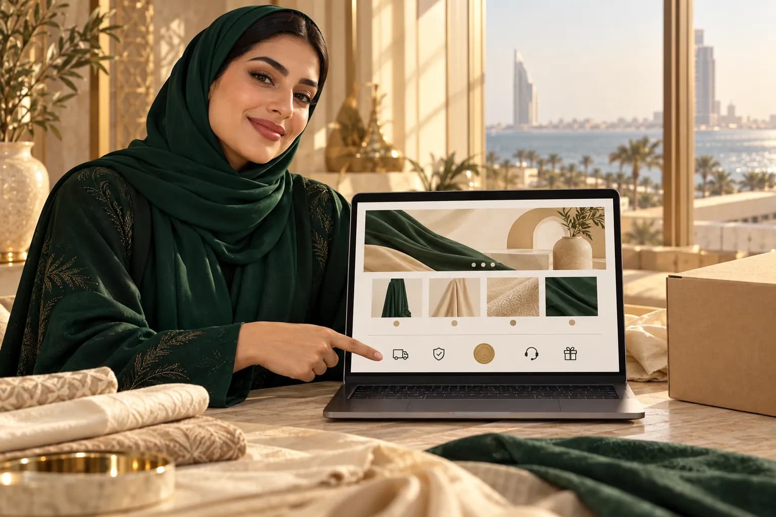 A Saudi shop owner at a laptop in a bright Jeddah studio, pointing at a small verification seal in the footer of an abstract online store page