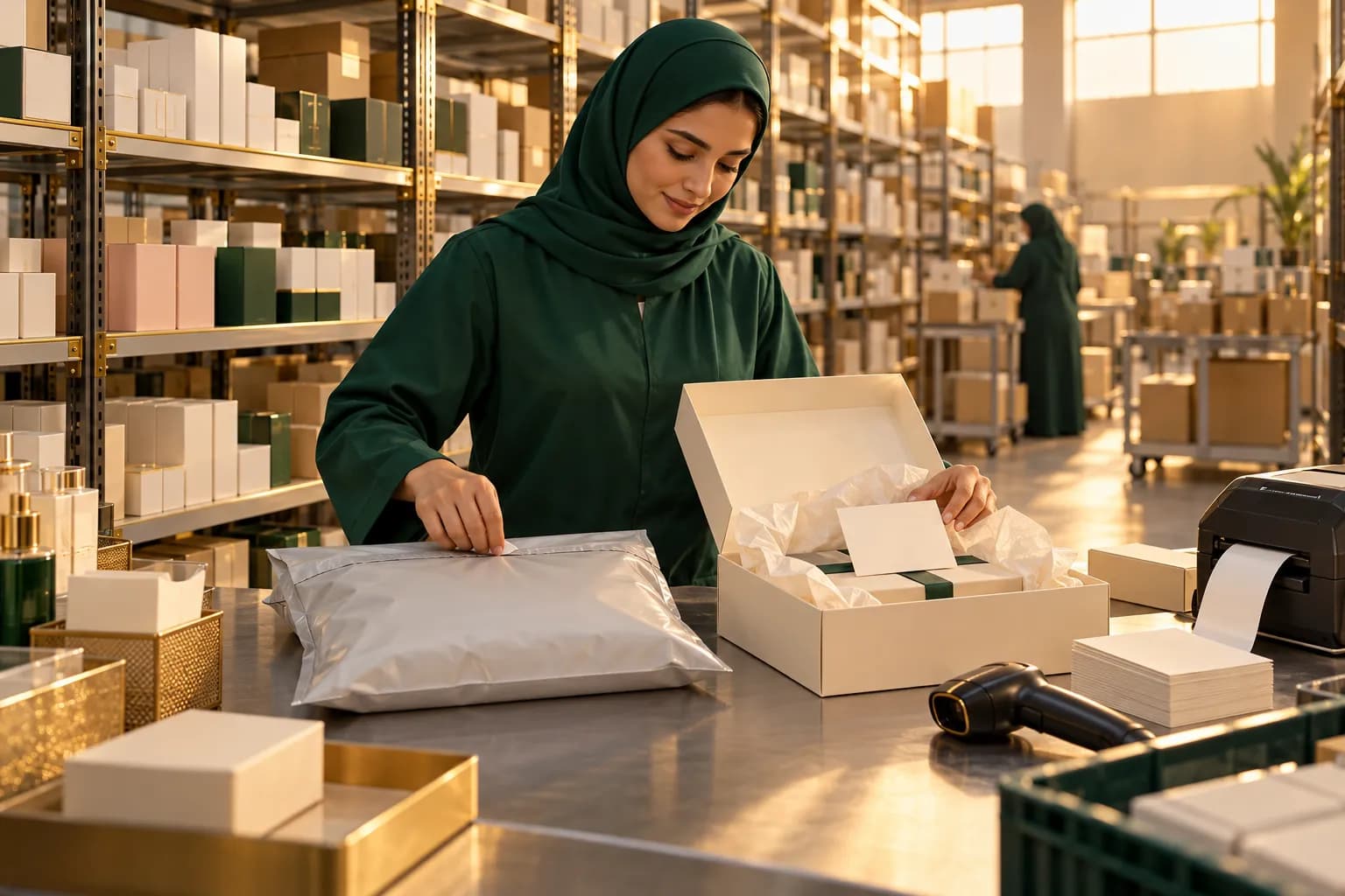 رفوف مرتبة عليها ملصقات في مستودع تجهيز طلبات مضيء في دبي، وعامل يجهّز طردين جنباً إلى جنب: أحدهما بتغليف سوق إلكتروني بسيط والآخر في علبة هدية أنيقة