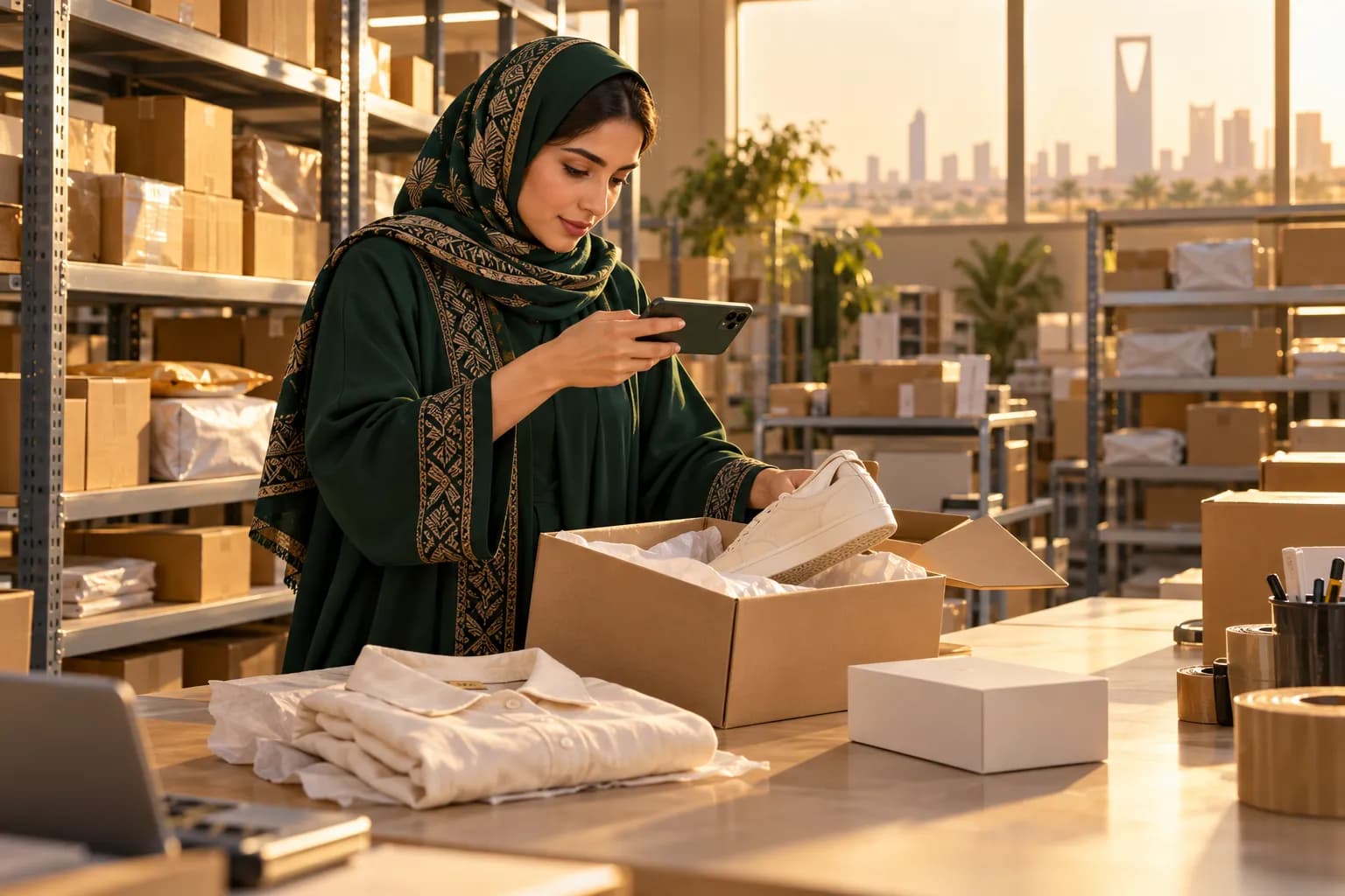 A warehouse worker in Riyadh inspecting a returned shoe box on a bright packing table, with sorted return parcels on shelves behind her
