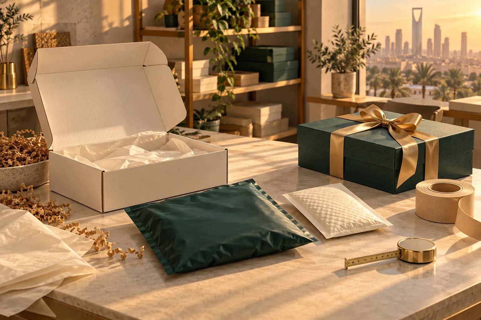 A corrugated mailer box, a poly mailer, a padded mailer and a rigid gift box laid out on a packing table in a Riyadh workshop