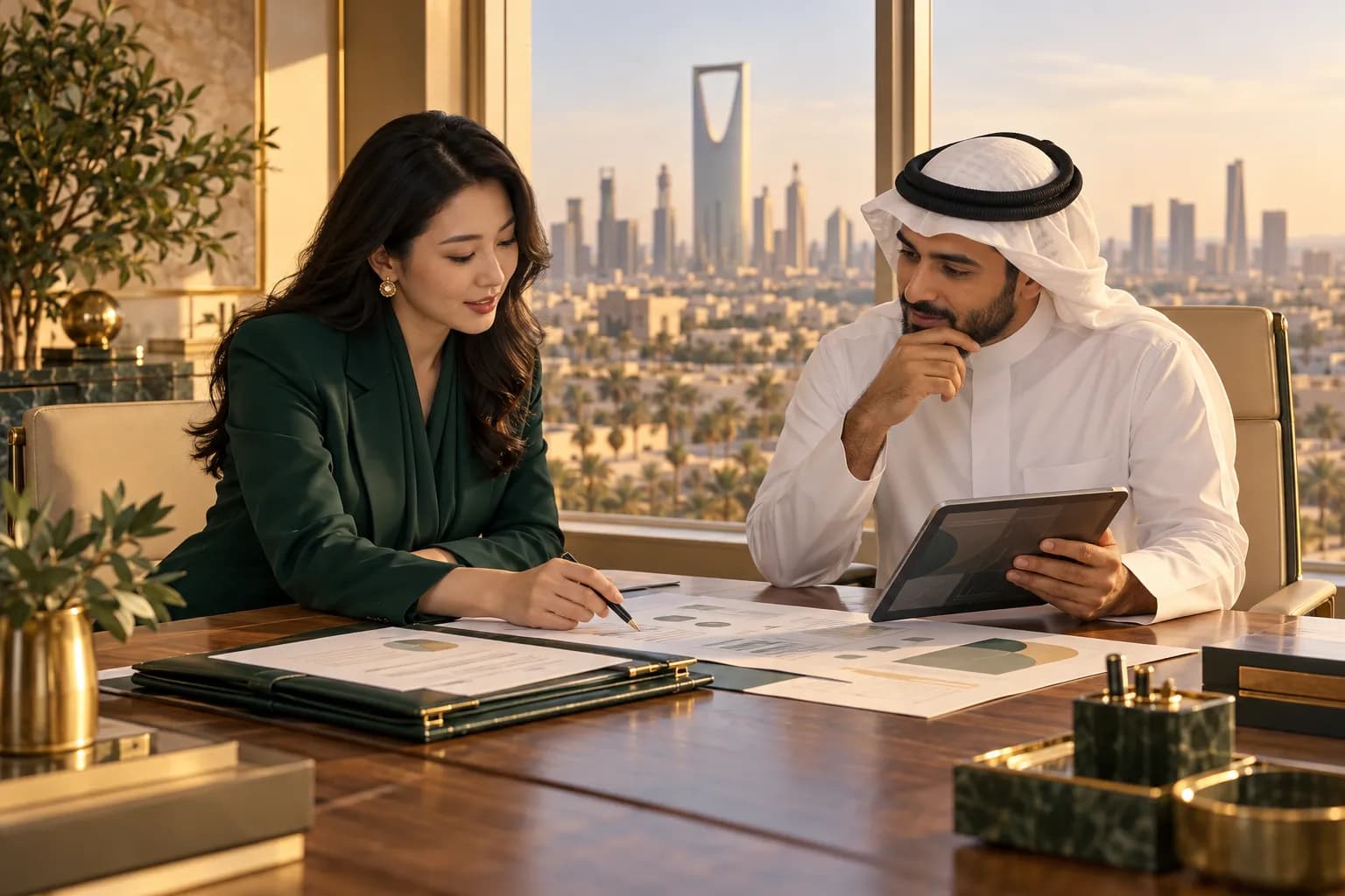 A Chinese business owner and a Saudi adviser reviewing company documents at a desk in a bright Riyadh office