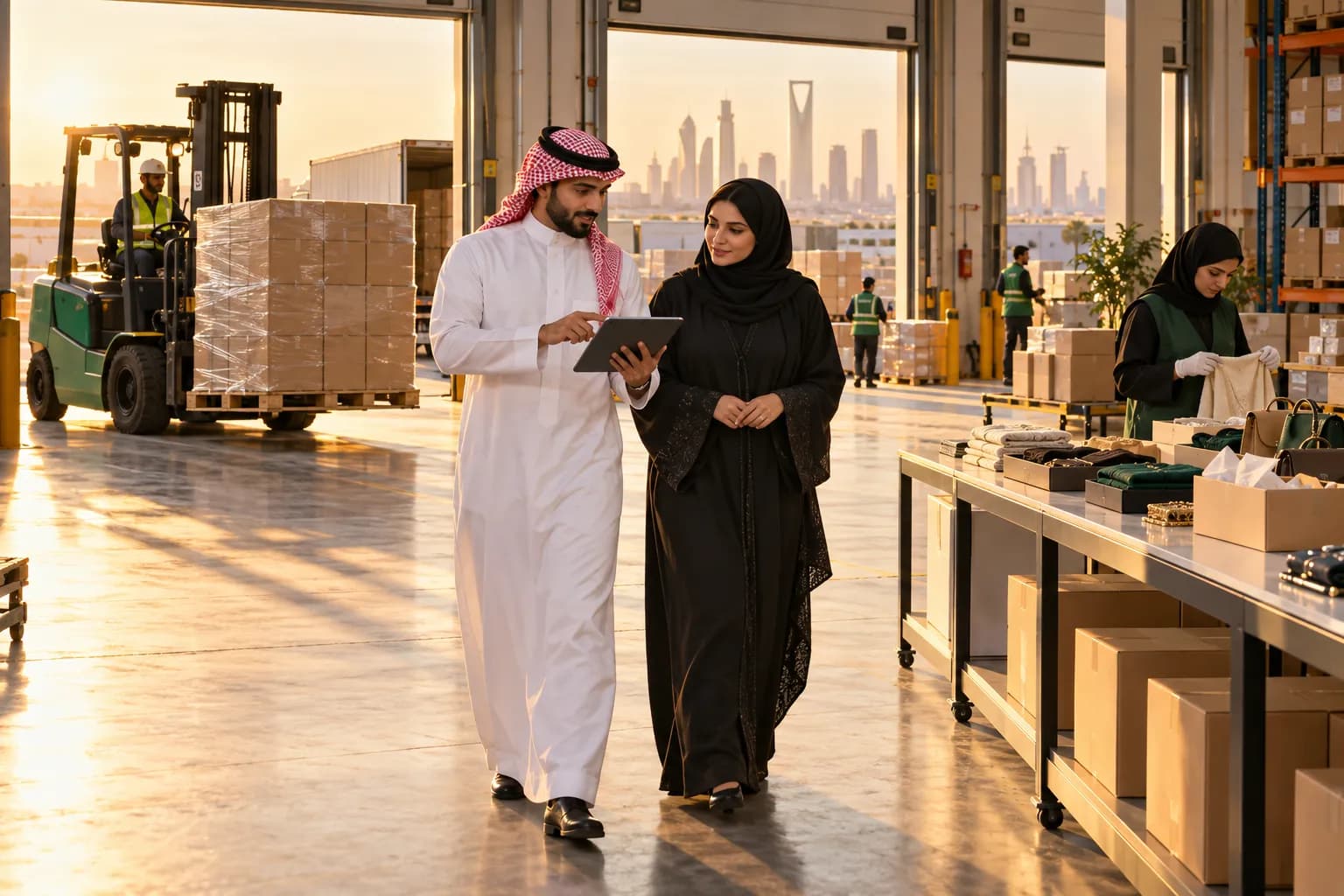 A Saudi online store owner on a site visit at a Riyadh 3PL warehouse, walking past the receiving dock with an operations manager who shows her shelves of plain cartons on a tablet