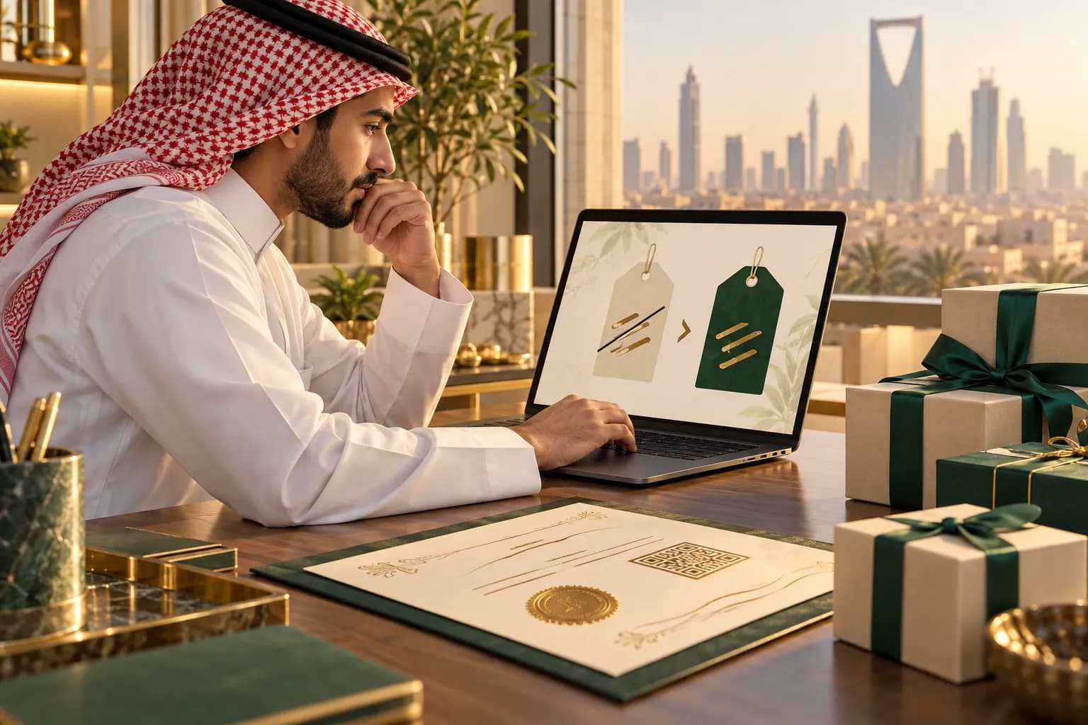 A Saudi store owner checks before-and-after sale prices on a laptop next to a printed discount licence