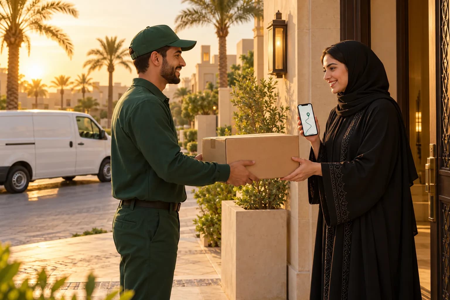 مندوب توصيل سعودي يسلّم طرداً لشابة مبتسمة عند باب فيلا في الرياض، وفي يدها هاتف يعرض شاشة تتبع الشحنة