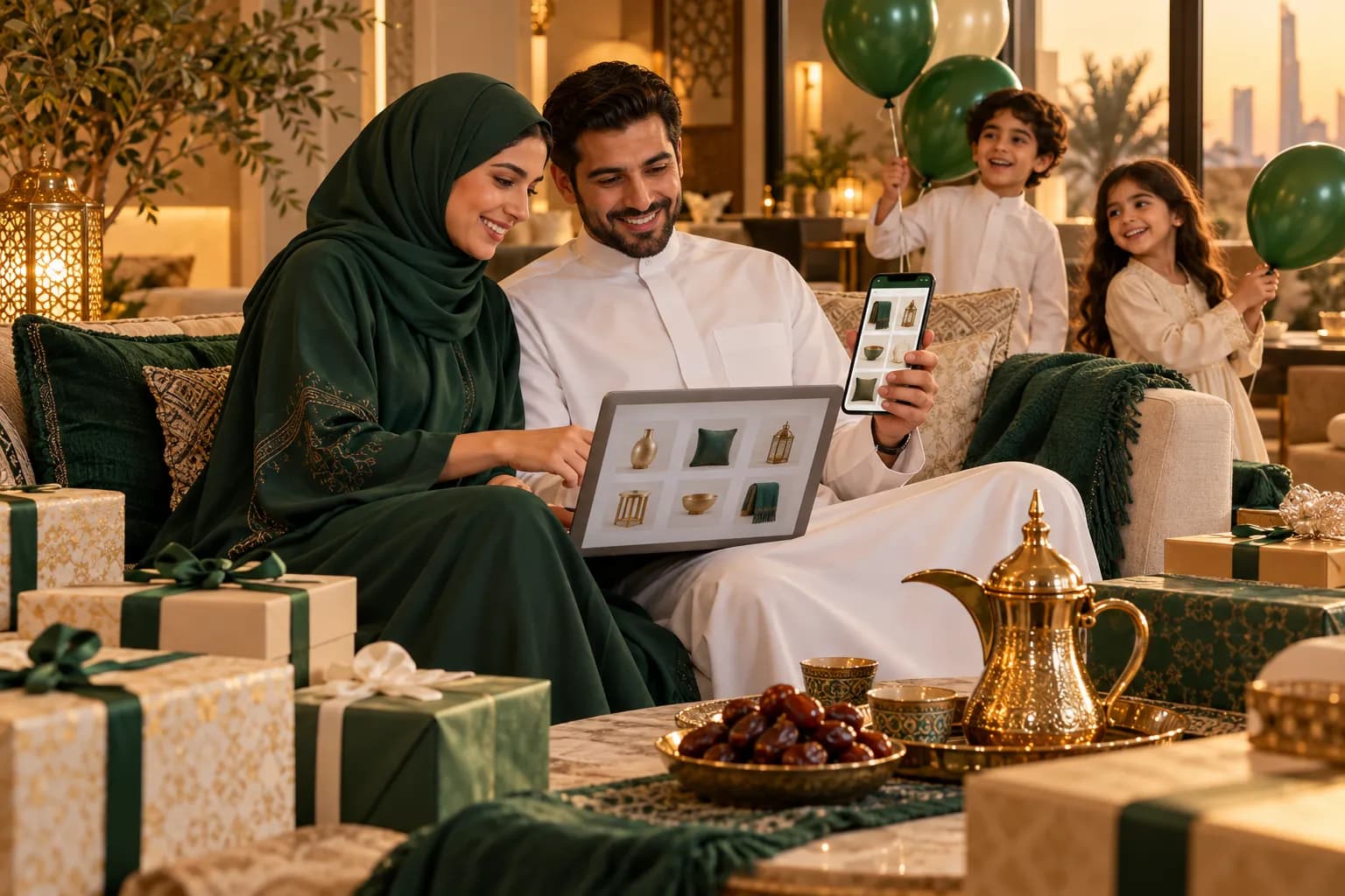 عائلة سعودية في الرياض تتسوق على الجوال واللابتوب وحولها علب هدايا خضراء وأوشحة وزينة احتفالية