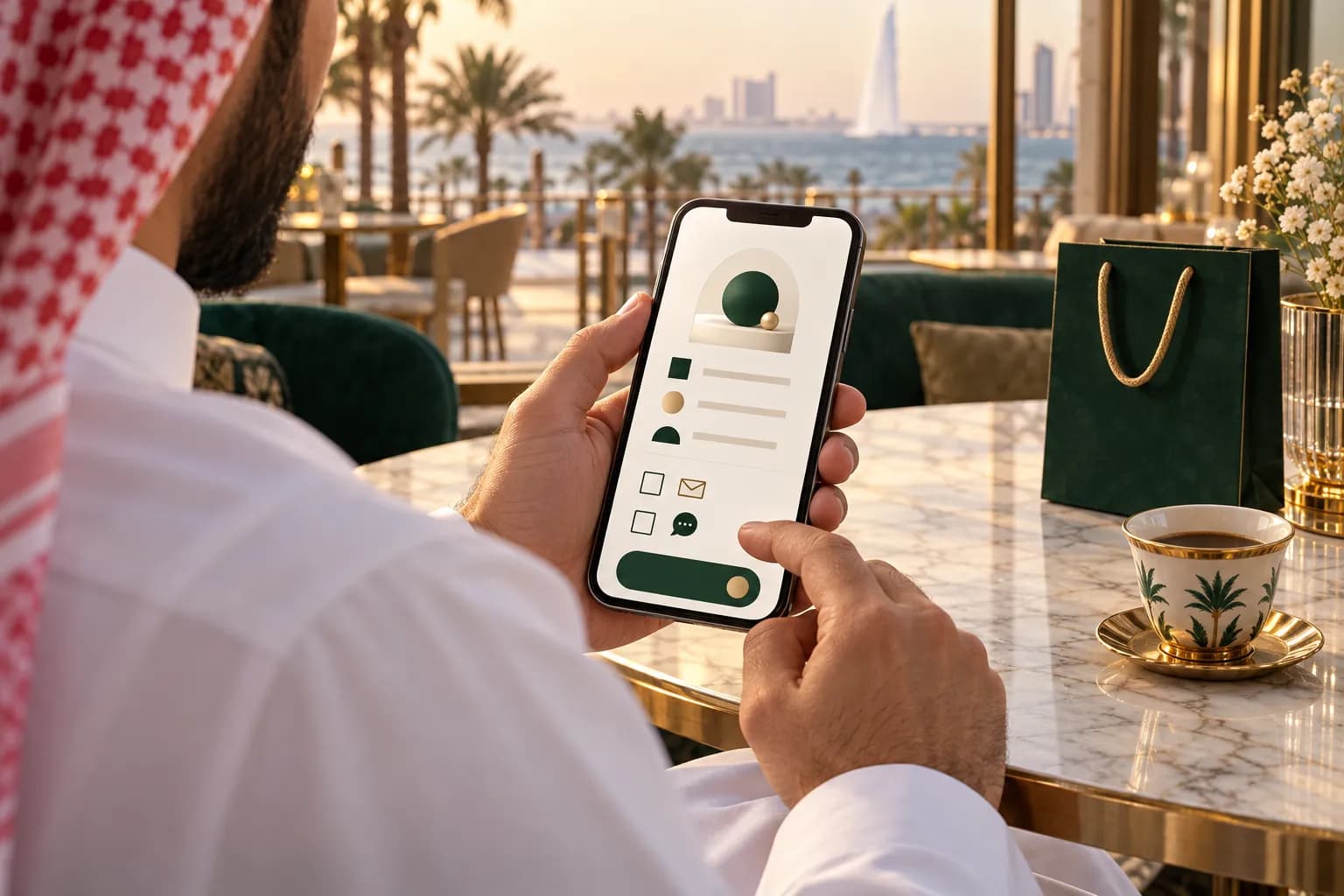 عميل سعودي يستخدم جواله في صفحة دفع تظهر فيها خانات موافقة غير مؤشَّر عليها