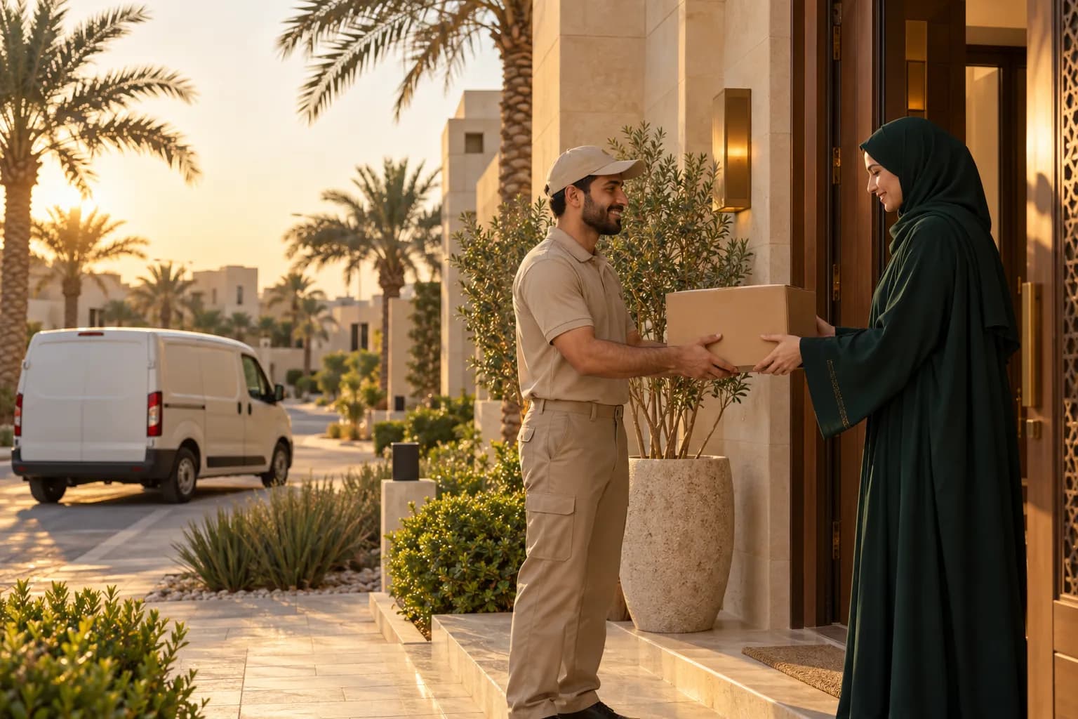 مندوب توصيل يسلّم طرداً لعميل عند باب فيلا حديثة في الرياض وقت الغروب