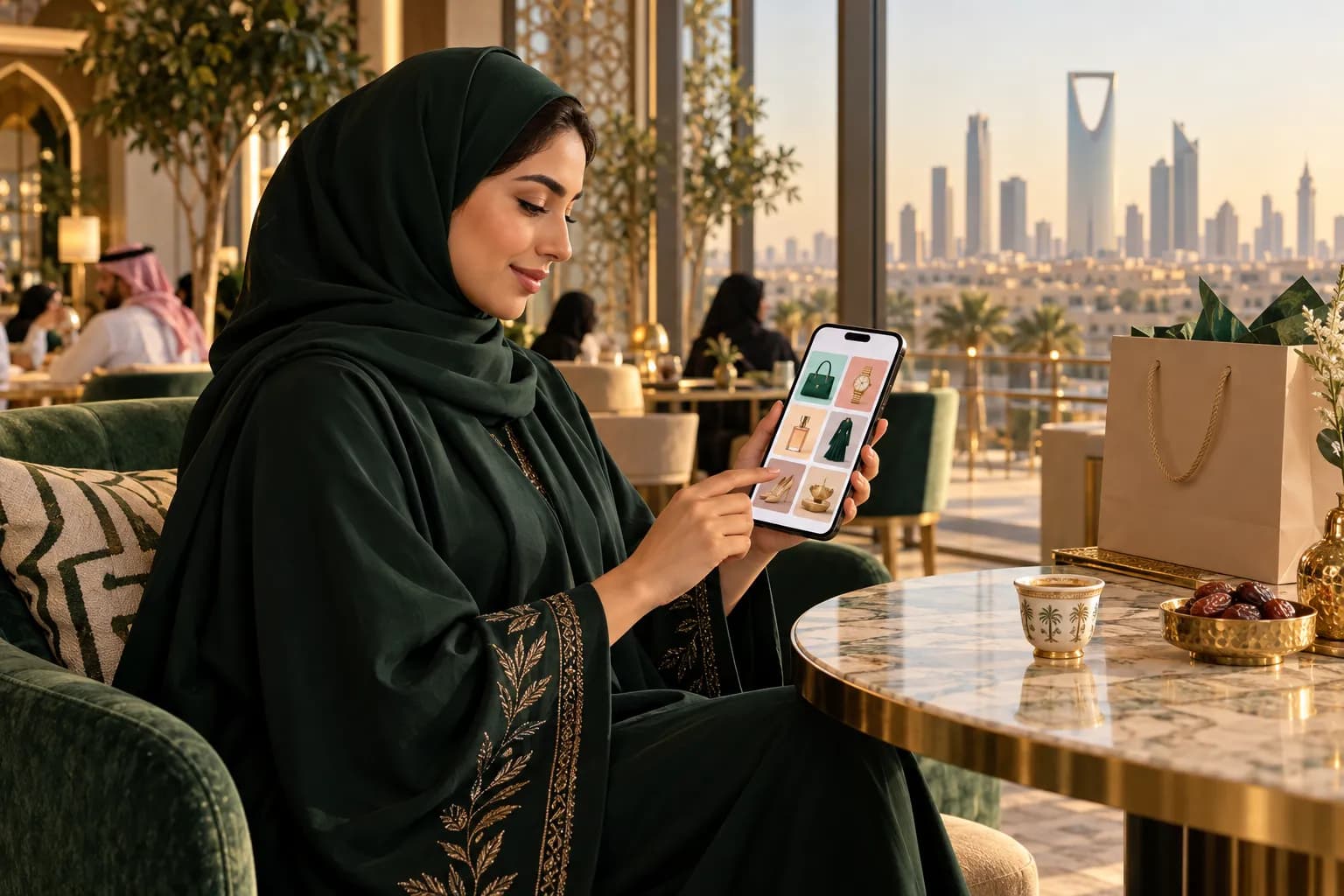 A young Saudi woman in a café in Riyadh comparing shopping apps on her phone, with a delivery bag on the table