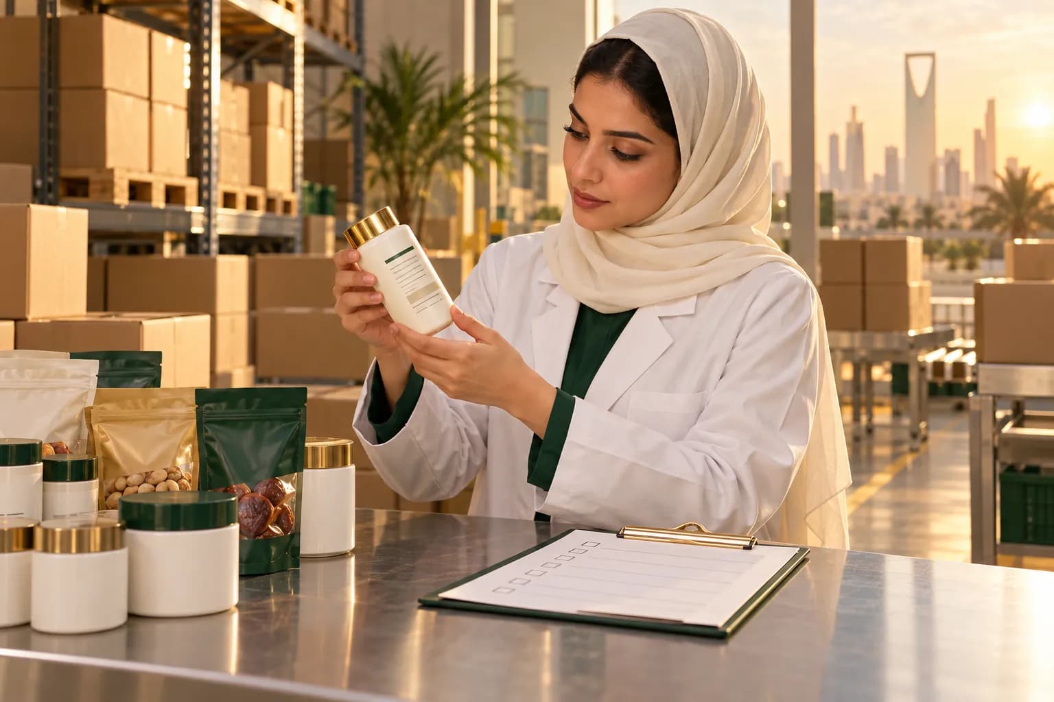 موظفة جودة سعودية بمعطف المختبر تفحص الملصق العربي والإنجليزي على عبوة عناية بالبشرة بجانب عبوات وجبات خفيفة بلا علامات في مستودع مضيء بالرياض