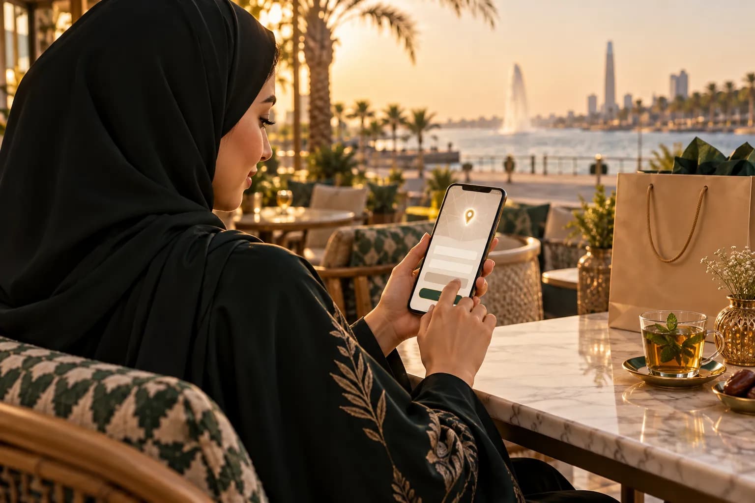 عميلة سعودية تملأ نموذج عنوان باللغة العربية في صفحة الدفع على جوالها في مقهى