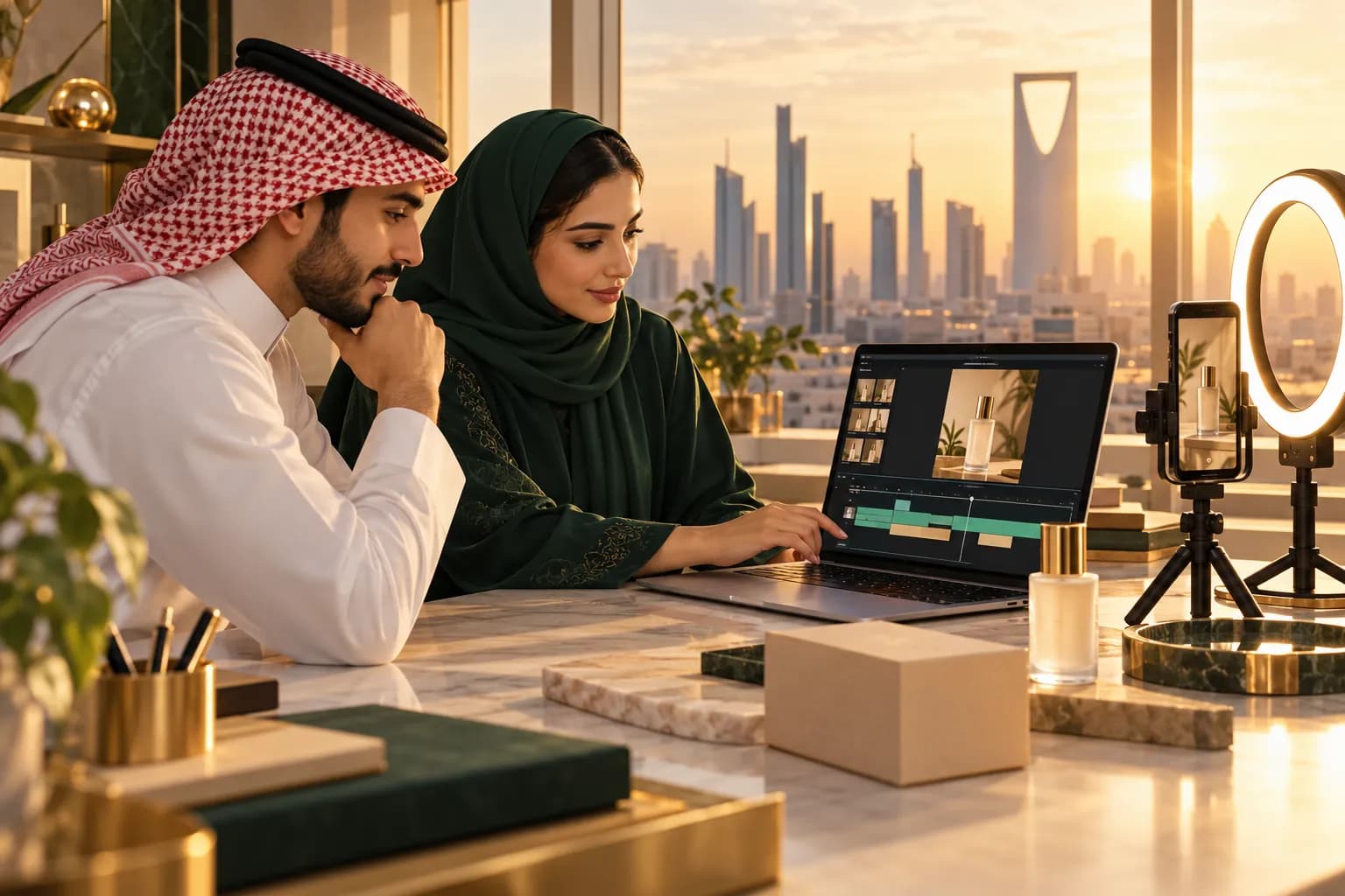 شاب وشابة سعوديان في مكتب مشرق بالرياض يعدّلان فيديو منتج عمودياً على حاسوب محمول، وبجانبهما جوال على حامل صغير