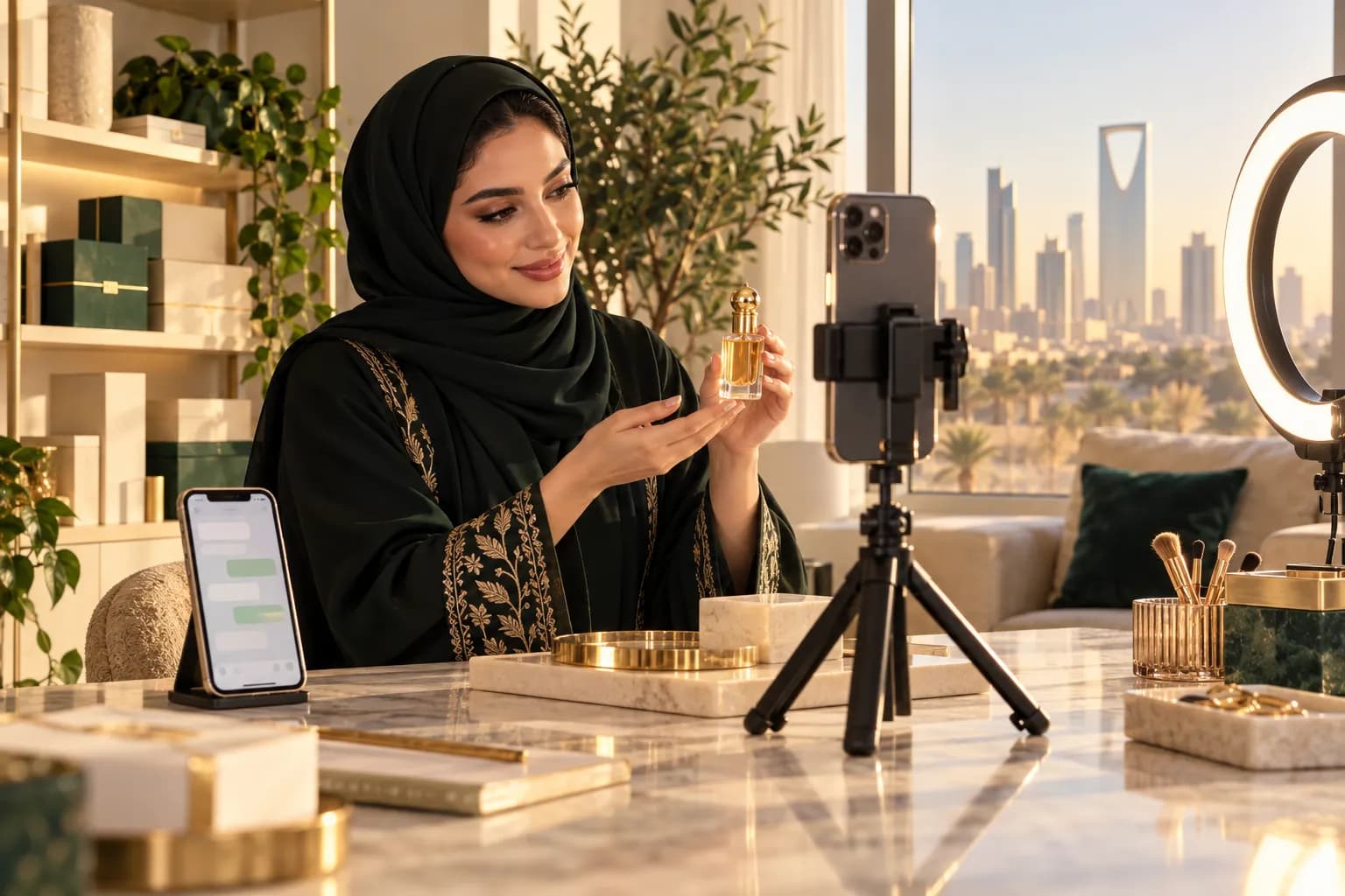 A young Saudi creator filming a perfume product video on her phone in a bright Riyadh apartment