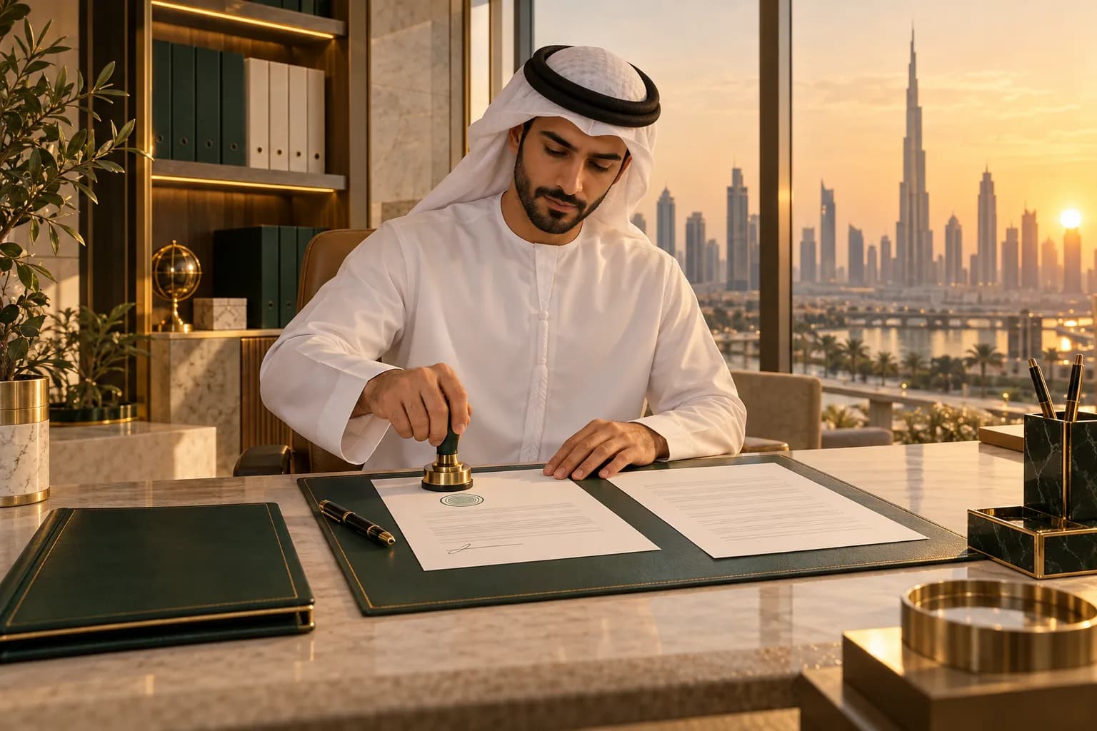 A legal translator in a Dubai office signing and stamping each page of a translated trade licence beside the original, with the city skyline through the window