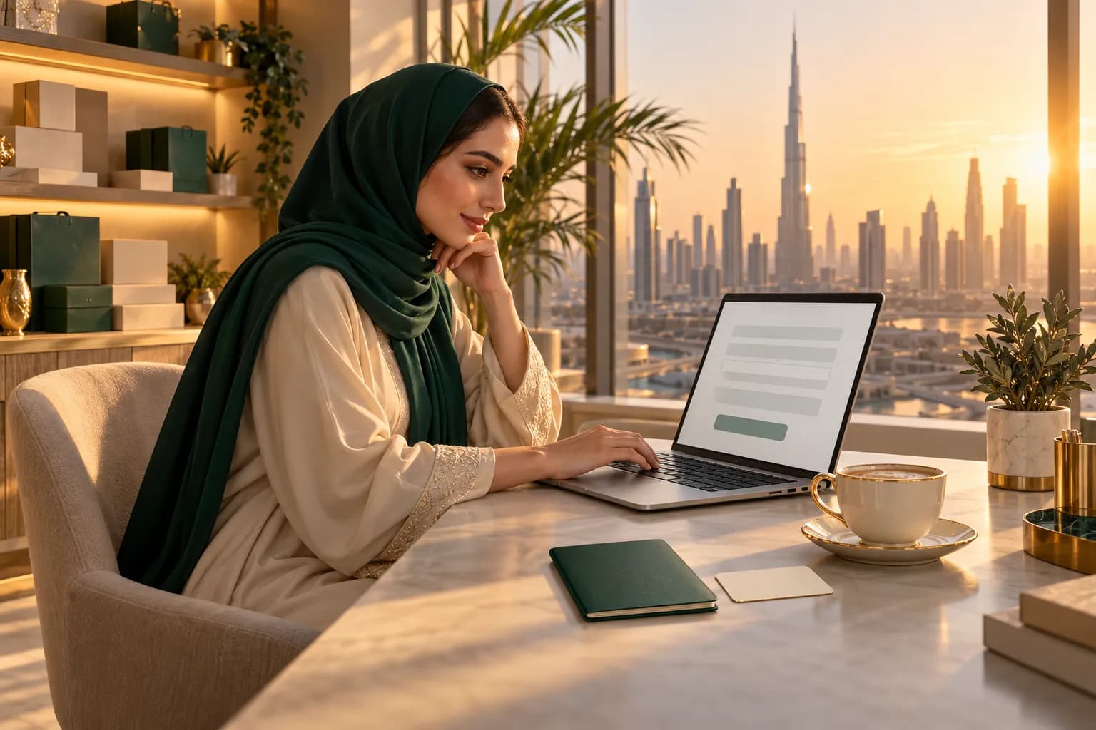 مؤسس شاب في مساحة عمل مشتركة مضيئة في دبي يملأ طلب رخصة تجارية على حاسوب محمول، وبجانبه جواز سفر وبطاقة هوية على المكتب