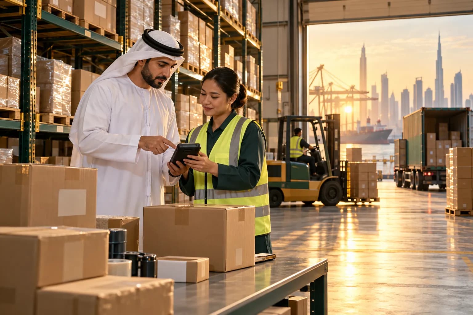 موظفون يراجعون الطلبات بجهاز مسح يدوي في مستودع تجهيز طلبات مشرق داخل منطقة حرة في دبي