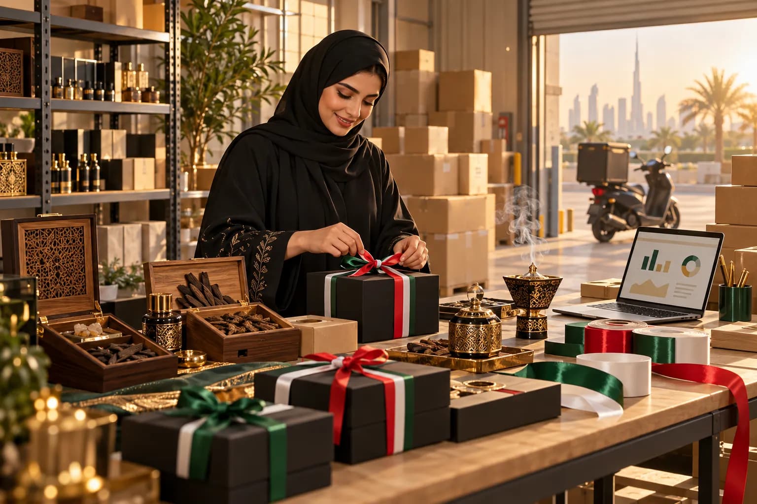 بائعة في متجر إلكتروني بدبي تغلّف علب هدايا العطور بأشرطة حمراء وخضراء وبيضاء لطلبات عيد الاتحاد