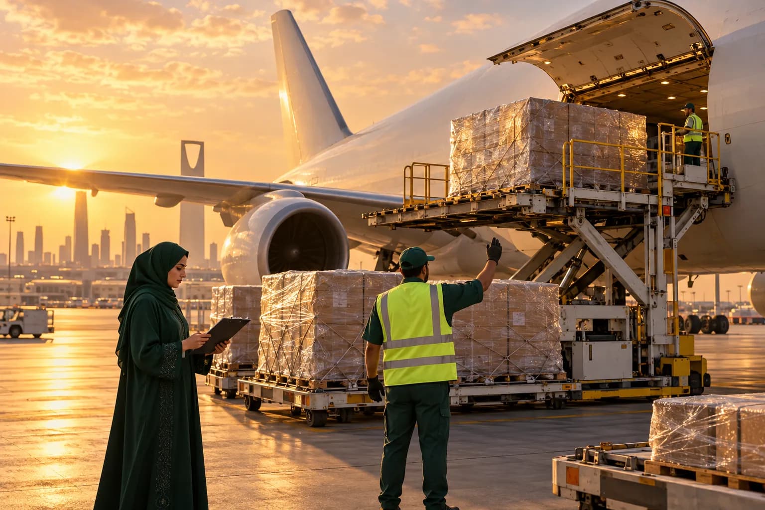 تفريغ منصات شحن جوي من طائرة شحن في مطار الرياض بينما تراجع مخلّصة جمركية الأوراق
