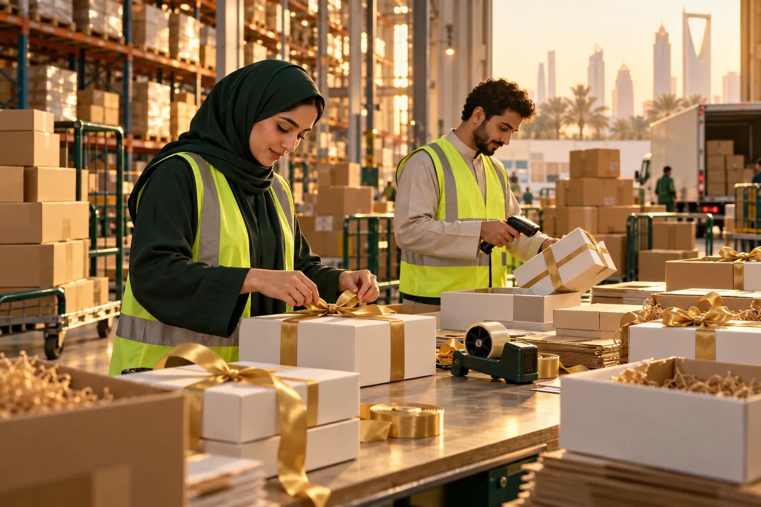 Staff packing white gift boxes with gold ribbon at a bright fulfilment table in Riyadh, stacks of parcels ready for courier pickup